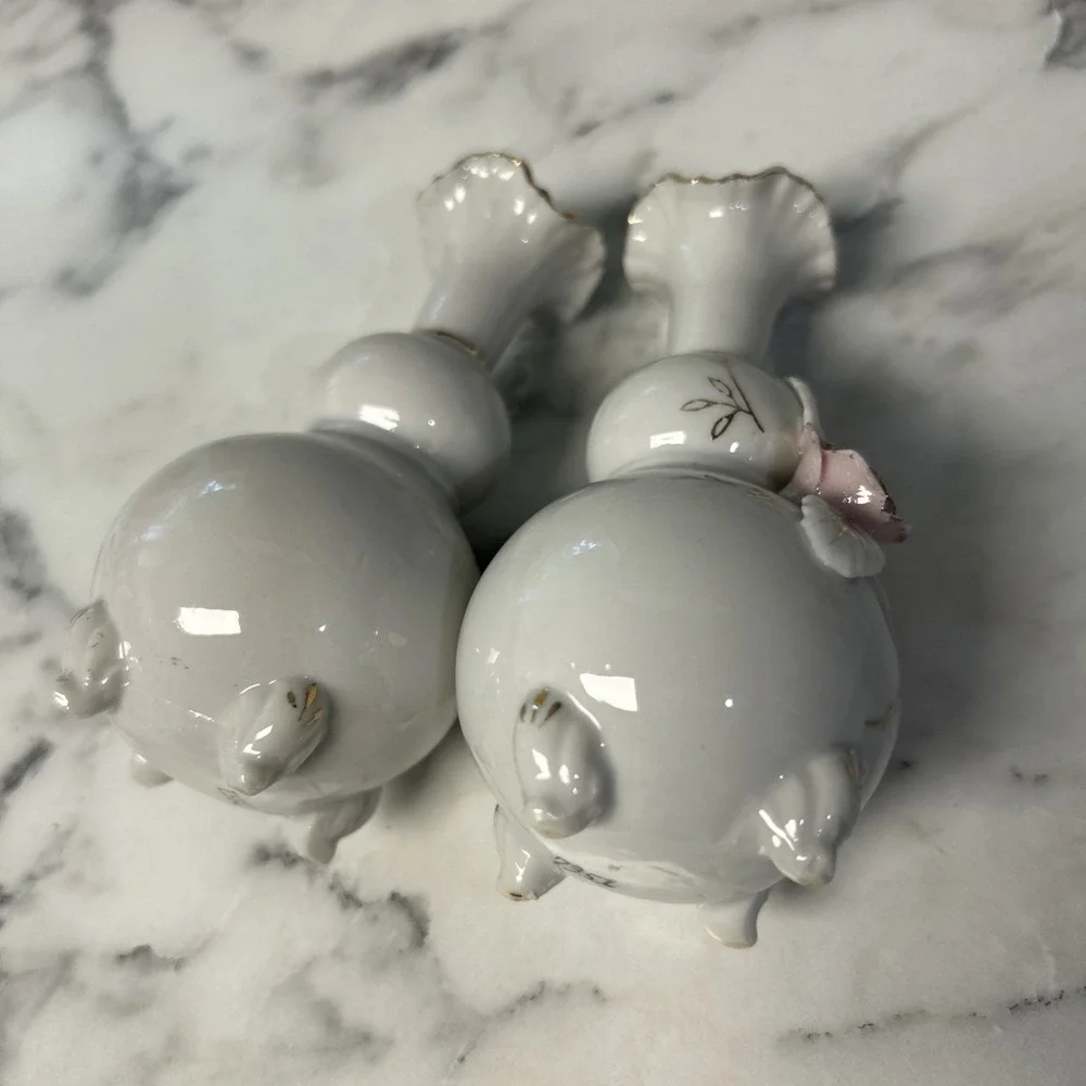 Floral Rose Victorian Bud Vase Old World Footed set of 2 Vintage Shabby Chic